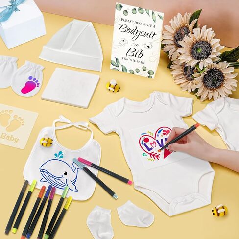 78PCS Baby Bib Bodysuit Baby Shower Set Baby Shower Game Sign Baby Feede Bib Newborn Bodysuit Fabric Marker in Saudi Arabia