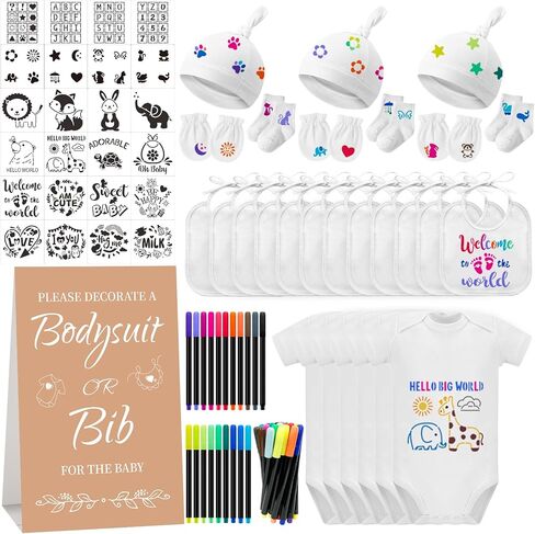 78PCS Baby Bib Bodysuit Baby Shower Set Baby Shower Game Sign Baby Feede Bib Newborn Bodysuit Fabric Marker in Saudi Arabia