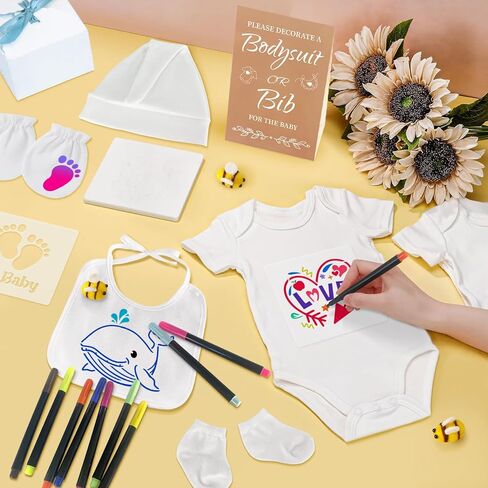 78PCS Baby Bib Bodysuit Baby Shower Set Baby Shower Game Sign Baby Feede Bib Newborn Bodysuit Fabric Marker in Saudi Arabia