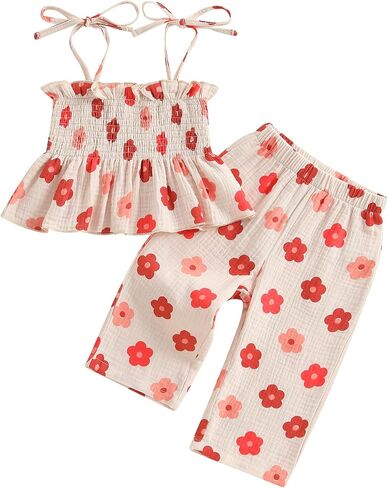 MAINESAKA Toddler Baby Girl Boho Summer Clothes Cotton Linen Outfit Tie Up Ruffle Camisole Tops Bell Bottom Pants 2 Piece Set in Saudi Arabia