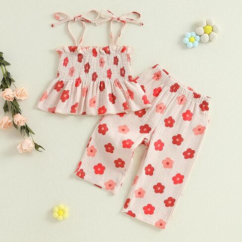 MAINESAKA Toddler Baby Girl Boho Summer Clothes Cotton Linen Outfit Tie Up Ruffle Camisole Tops Bell Bottom Pants 2 Piece Set in Saudi Arabia