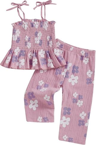 MAINESAKA Toddler Baby Girl Boho Summer Clothes Cotton Linen Outfit Tie Up Ruffle Camisole Tops Bell Bottom Pants 2 Piece Set in Saudi Arabia