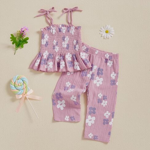 MAINESAKA Toddler Baby Girl Boho Summer Clothes Cotton Linen Outfit Tie Up Ruffle Camisole Tops Bell Bottom Pants 2 Piece Set in Saudi Arabia