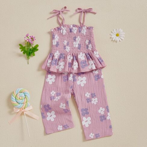 MAINESAKA Toddler Baby Girl Boho Summer Clothes Cotton Linen Outfit Tie Up Ruffle Camisole Tops Bell Bottom Pants 2 Piece Set in Saudi Arabia