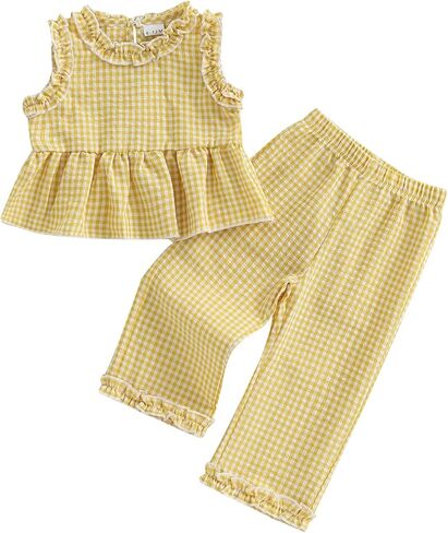 YINGISFITM Toddler Baby Girl Clothes Sleeveless Plaid Ruffle Tanks Tops and Long Pants Summer Cute Outfit in Saudi Arabia