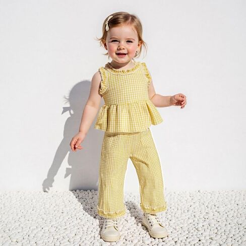 YINGISFITM Toddler Baby Girl Clothes Sleeveless Plaid Ruffle Tanks Tops and Long Pants Summer Cute Outfit in Saudi Arabia