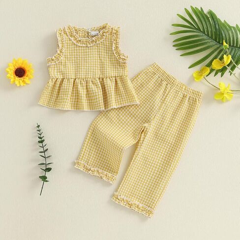 YINGISFITM Toddler Baby Girl Clothes Sleeveless Plaid Ruffle Tanks Tops and Long Pants Summer Cute Outfit in Saudi Arabia