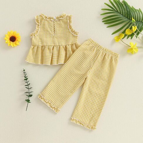 YINGISFITM Toddler Baby Girl Clothes Sleeveless Plaid Ruffle Tanks Tops and Long Pants Summer Cute Outfit in Saudi Arabia