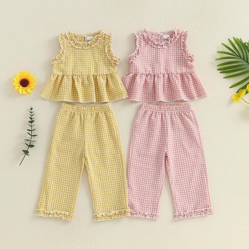 YINGISFITM Toddler Baby Girl Clothes Sleeveless Plaid Ruffle Tanks Tops and Long Pants Summer Cute Outfit in Saudi Arabia