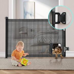 No-Drill Retractable Baby Gate for Stairs,Pet Gate with Cat Door for Doorways,33" Tall,Extends up to 55" Wide Mesh Baby Dog Pet Cat Gate with Door,Child Safety Gate for Hallways Kitchen Indoor Outdoor
