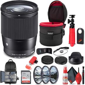 Sigma 16mm f/1.4 DC DN Contemporary Lens for Micro Four Thirds (402963) Bundle + Backpack + 64GB Card + Lens Case + Card Reader + 3 Piece Filter Kit + Cleaning Set + Flex Tripod + More