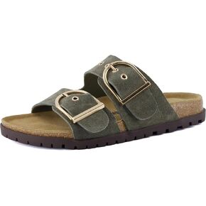 CUSHIONAIRE Brook Women’s Suede Double-Buckle Cork Footbed Slide Sandals with Memory Foam Comfort