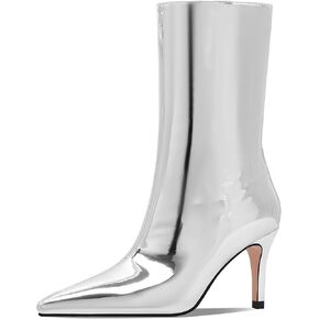 Women's Silver Mirror Boots Fashion Pointed Toe Mid Heel Short Boots Mid-Calf Shoes in Saudi Arabia