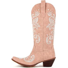MissHeel White Cowboy Boots for Women Mid Calf Wedding Boot with Pearls