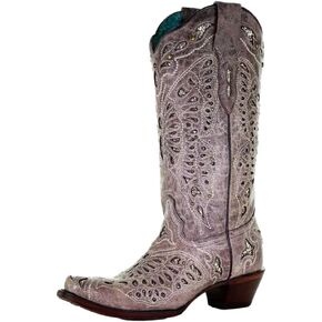 CORRAL LADIE'S LIGHT BROWN GLITTER BUTTERFLY INLAY & EMBROIDERY & STUDS, SNIP TOE, LEATHER SOLE, WESTERN, A4088