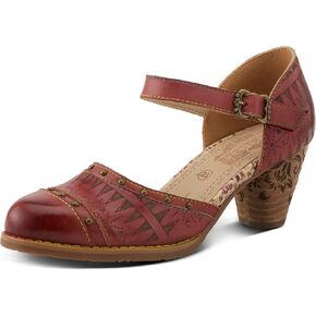 L'Artiste Women's NIOBELLA Hand-Painted Hook-and-Loop Mary Jane – Geometric Design, Decorative Buckle, Faux Stacked Heel