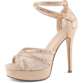 Women's Platform Heels Peep Toe Pumps Sexy Mesh Stilettos Sparkly Rhinestone High Heels Ankle Strap Shoes for Party Dance Prom