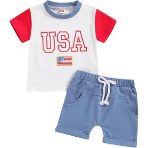 Baby Boys 4th of July Outfits Short Sleeves T-Shirt and Elastic Shorts Set Toddler Fourth Of July Outfits