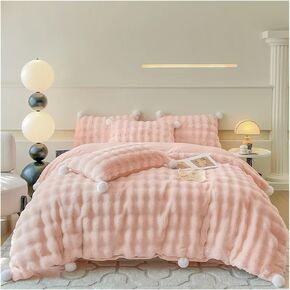 Bed Four Pieces Set Double Sided Thickened Faux Rabbit Fur Velvet Fleece Solid Color Plush Bedding Set Duvet Cover Set Bed Sheet Pillowcases(Pink,Flat Bed Sheet-King 4PCS)
