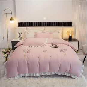 Bed Four Pieces Set Baby Blue White Duvet Cover Set 100% Washed Cotton Chic Floral Embroidery Bedding Set 4Pcs Double Queen Feel Breathable Bed Sheet(C,Fitted Bed Sheet-King 4PCS)