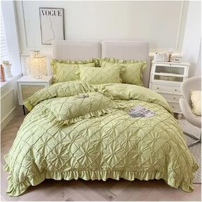 Bed Four Pieces Set Korean Stereoscopic Twist Flower Ruffles Princess Style Bedding Set Duvet Cover Set Bed Sheet Set Or Fitted Sheet Pillowcases(White,Fitted Bed Sheet-Queen 4PCS)