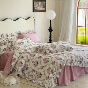 Bed Four Pieces Set Cotton French Style Rose Ruffles Bedding Set Flowers Duvet Cover Bed Skirt Pillowcases(2M Bed Skirt)