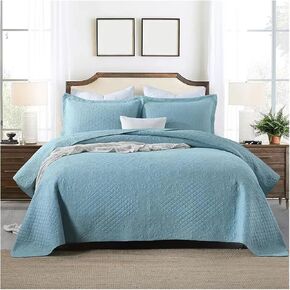Bed Four Pieces Set 3pcs Luxury Cotton Bedspread on The Bed Plaid Quilted Bed Cover Double bedspreads and coverlets Summer Blanket Mattress Topper(Blu,3pcs 250cmx270cm)