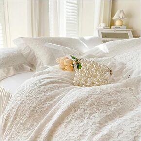 Bed Four Pieces Set White Cotton French Princess Wedding Bedding Set Hollow Out Lace Patchwork Duvet Cover Set Bed Skirt Bedspread Pillowcases(1.8M Bed Skirt 4pcs)