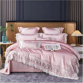 Bed Four Pieces Set Champagne French Wedding Bedding Set Chic Lace Silk Cotton Luxury Princess Duvet Cover Bed Comforter Covers Bed Sheet Pillowcase(B,Fitted Bed Sheet-King 4PCS)