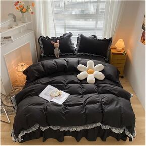 Bed Four Pieces Set Black White Brushed Princess 4pcs Bedding Set Lace Ruffles Bed Skirt Quilt/Duvet Cover Pillowcases(OneColor,1.5m Bed)