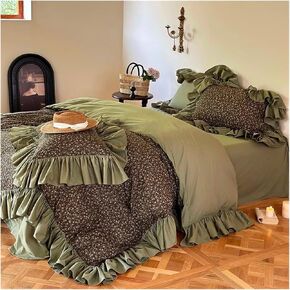 Bed Four Pieces Set Cotton Rustic Bedding Set Green Black Floral Ruffle Duvet Cover Elastic Sheet Pillowcase(Fitted,200X200cm)