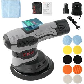 ZKH Cordless Buffer Collesher ، 6 بوصات عازلة السيارة المدارية ، تلميع شمع السيارة مع شاشة Digital LCD ، بطاريات 2pcs 2.0AH ، 2000-4500OPM مجموعة ملطفة لتفاصيل السيارة
