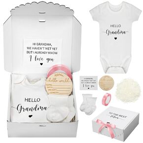7 PCS إعلانات الحمل لجدة مفاجأة هدايا إعلان الطفل تشمل bodysuit الحمل الكشف عن بطاقة الجوارب الشريط الخشب القادمة قريبا أفكار تكشف الطفل عن الأجداد