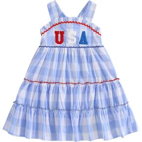 Little Kid Baby Girl 4th of July Outfit USA Embroidery Sleeveless Tiered Plaid Dress Toddler Independence Day Dresses