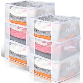 6 Pcs Clear Storage Bags Zippered Plastic Clothes Containers Case Fabric Blanket Organizer Large Storage Bins with Handles for Bedding Sheets Closet Blankets Toys(16 x 12 x 8 Inch,Gray)