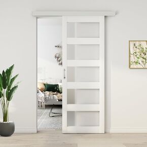 BARNSMITH 30in x 84in Glass Barn Door with 5FT Sliding Door Hardware Kit Included & Handle, 5-Panel White Frosted Glass Barn Door, Black Box Rail, Solid Wood Water-Proof PVC Surface, Easy Assembly