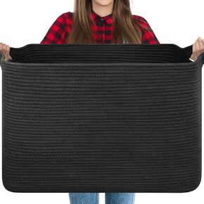 118L Extra Large Blanket Basket, 24.8"x17.7"x16.2" Woven Rope Baskets for Storage, Nursery Blanket Storage for Living Room, Toy Basket with Handle Organizing Comforter Cushions Pillows, Black