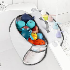 Saddle Shape Bath Toy Organizer, 2 Compartments Wide Opening Mesh Bath Tub Toy Storage for Easy Access to Toys, Side Pockets & Bottom Zipper Design, Quick Drying Toy Holder for Tub (White)
