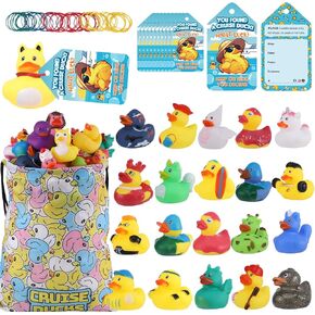 Cruise Rubber Ducks Kits 30 Pcs Assorted Cruising Duck with 30 Cruise Ducks Tags and 40 Rubber Bands with Duck Storage Bag for Cruise Ship Hiding Essentials