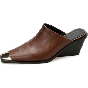 TinaCus Handmade Women's Genuine Leather Cap-Toe Stackled Heel Backless Mules Shoes