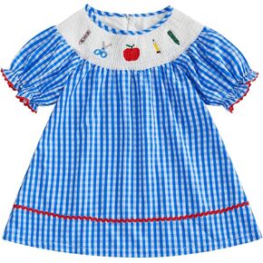 Toddler Baby Girl Back to School Outfit First Day of School Dress Plaid Embroidery Puff Sleeve Smocked Dresses Clothes