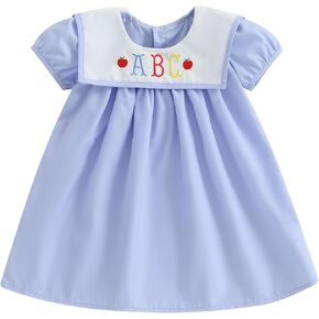 Little Baby Girl Back to School Clothes Embroidery Plaid Dresses Short Sleeve Smocked Dress Summer Princess Outfit