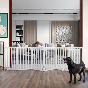 ZJSF Foldable Freestanding Indoor Dog Gate for House Wood White Long Pet Gates Dog Fence for Stairs Puppy Gates for Hallways,Dog Fence, Puppy Gate,Support Feet Included 24 "Height-3 Panels