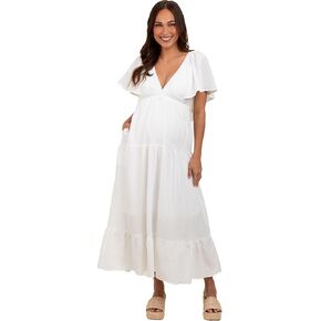 PinkBlush Deep V-Neck Flutter Sleeve Tiered Maternity Midi Dress