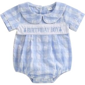 Baby Boy Birthday Outfit Short Sleeve Doll Collar Bubble Romper Birthday Boy Embroidery Bodysuit Summer Clothes