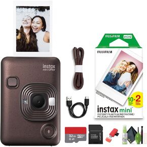 Fujifilm INSTAX Mini LiPlay Hybrid Instant Camera Bundle with Fuji Instax Mini Instant Film 20 Sheets, 32GB Micro SD Card + Cleaning Kit + More Accessories (Deep Bronze)