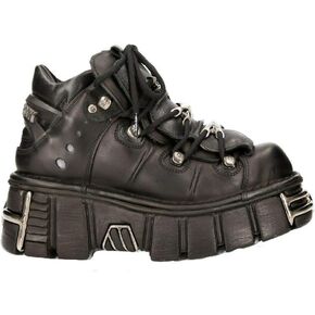 New Rock 106-S1 Unisex Metallic Black Gothic Classic Leather Biker Ankle Tower Boots