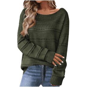 Womens Casual Fall Winter Sweaters Dressy Knitted Pullover Boat Neck Long Sleeve Hollow Out Tops Solid Color Trendy