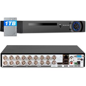 1080p 16 Channel Security Recorder DVR, Hybrid 6-in-1 Surveillance Digital Video Recorder for up tp 5MP AHD/TVI/CVI/CVBS/IP/XVI Camera, Human Detection, Remote Access(with 1TB Hard Drive)