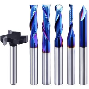6Pcs CNC Router Bits Set, 1/4" Shank Solid Carbide Multiple Uses Router Bit for Woodworking Detail Carving Trimming V Groove Engraving Slotting Mortise MDF Resin Lettering Sign Making